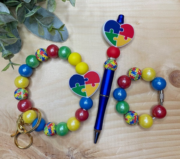 Autism Beaded Wristlet Keychain, Cup Charm or Pen
