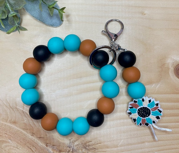 Turquoise Sunflower Beaded Wristlet Keychain