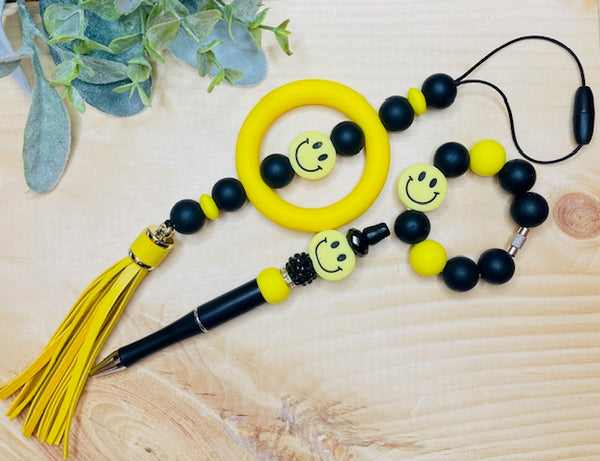 Yellow Smiley Face Beaded Cup Charm, Pen or Car Charm